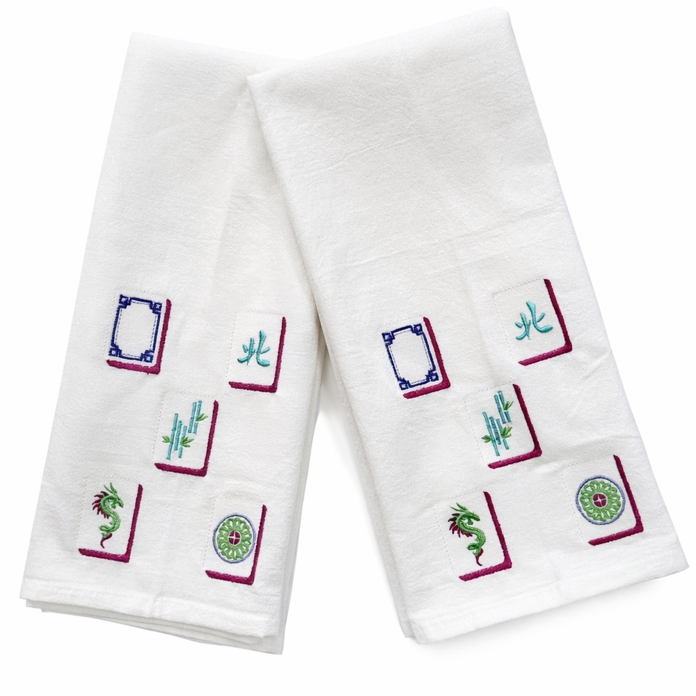 Embroidered Mahjong Tile Tea Towels - Set of Two NEW Made to order Hostess 🎁